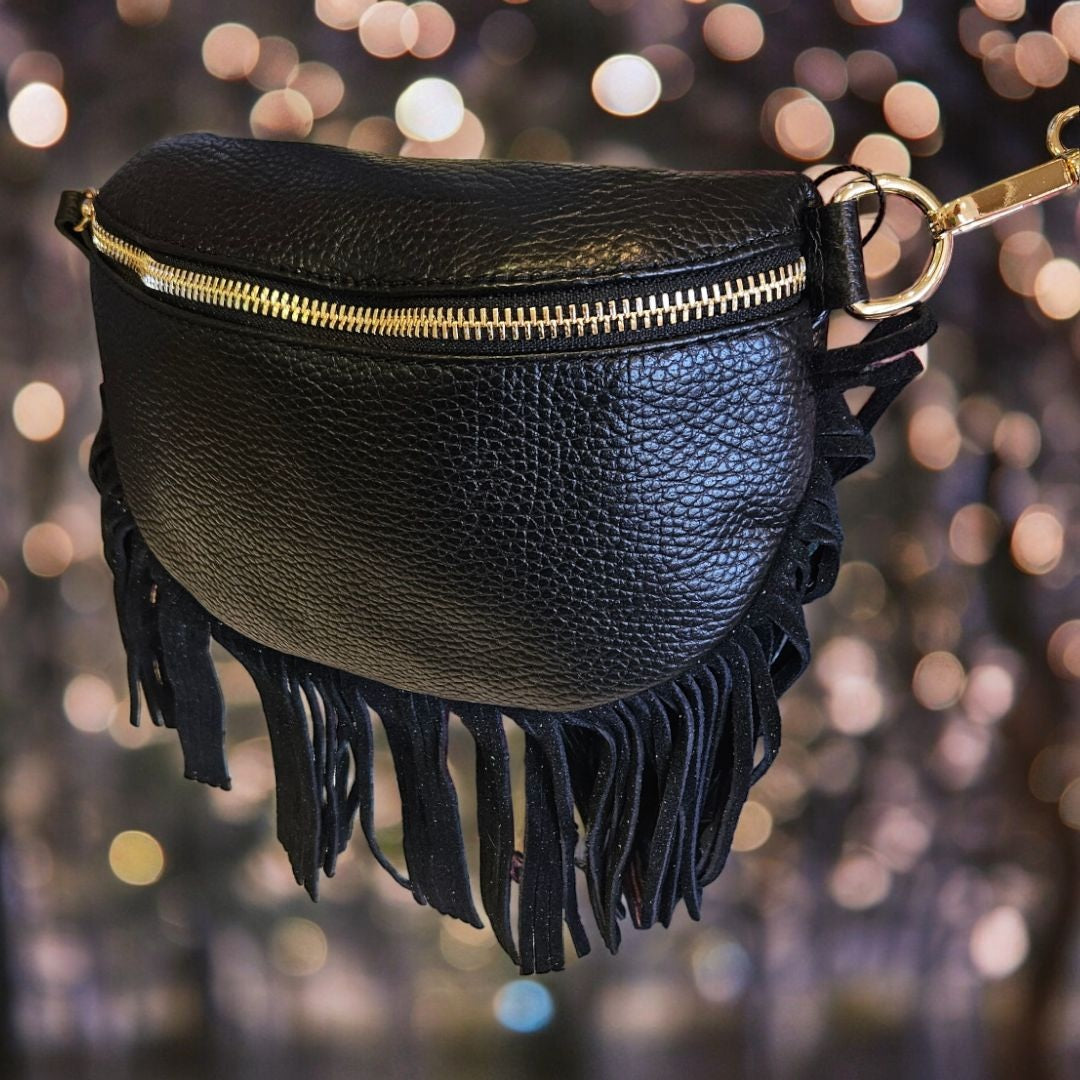 Romy Black Leather Half Moon Fringed Bag