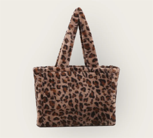 Coffee Leopard Faux Fur Tote