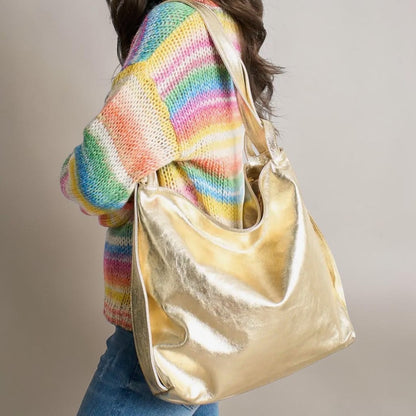 Gold Metallic Italian Leather Convertible Backpack Tote Bag