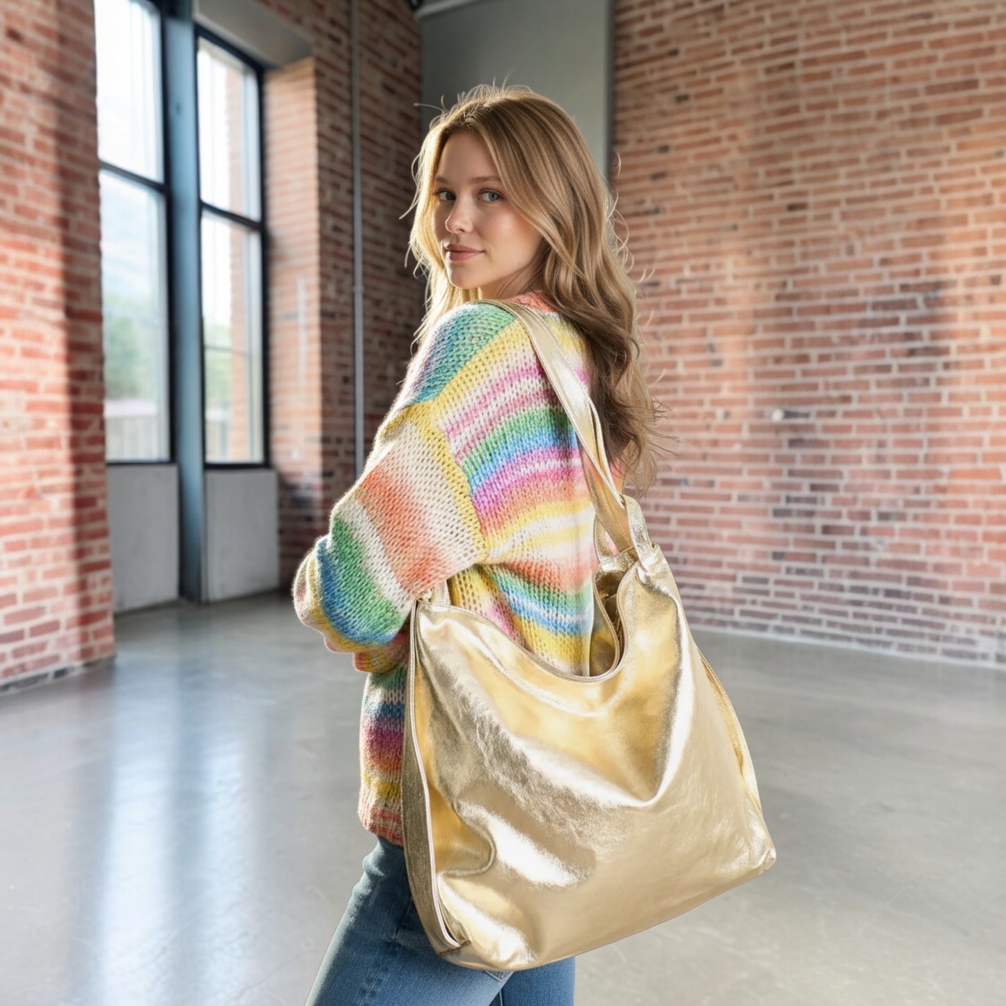 Gold Metallic Italian Leather Convertible Backpack Tote Bag