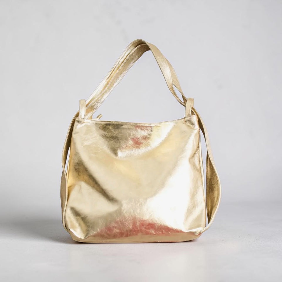 Gold Metallic Italian Leather Convertible Backpack Tote Bag