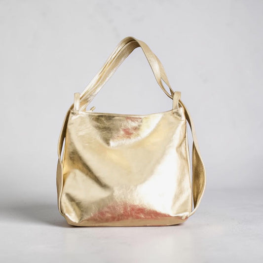Gold Metallic Italian Leather Convertible Backpack Tote Bag