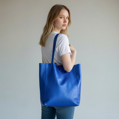 Camille Blue Metallic Italian Leather Tote Bag