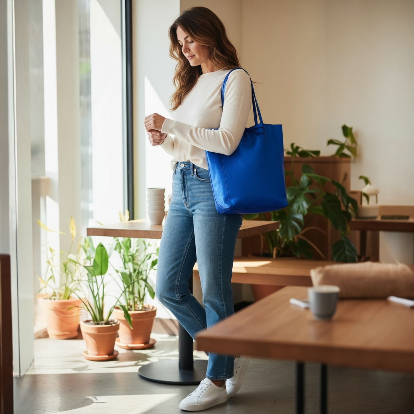 Camille Blue Metallic Italian Leather Tote Bag