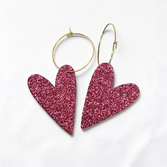 Pink Glitter Heart Hoops