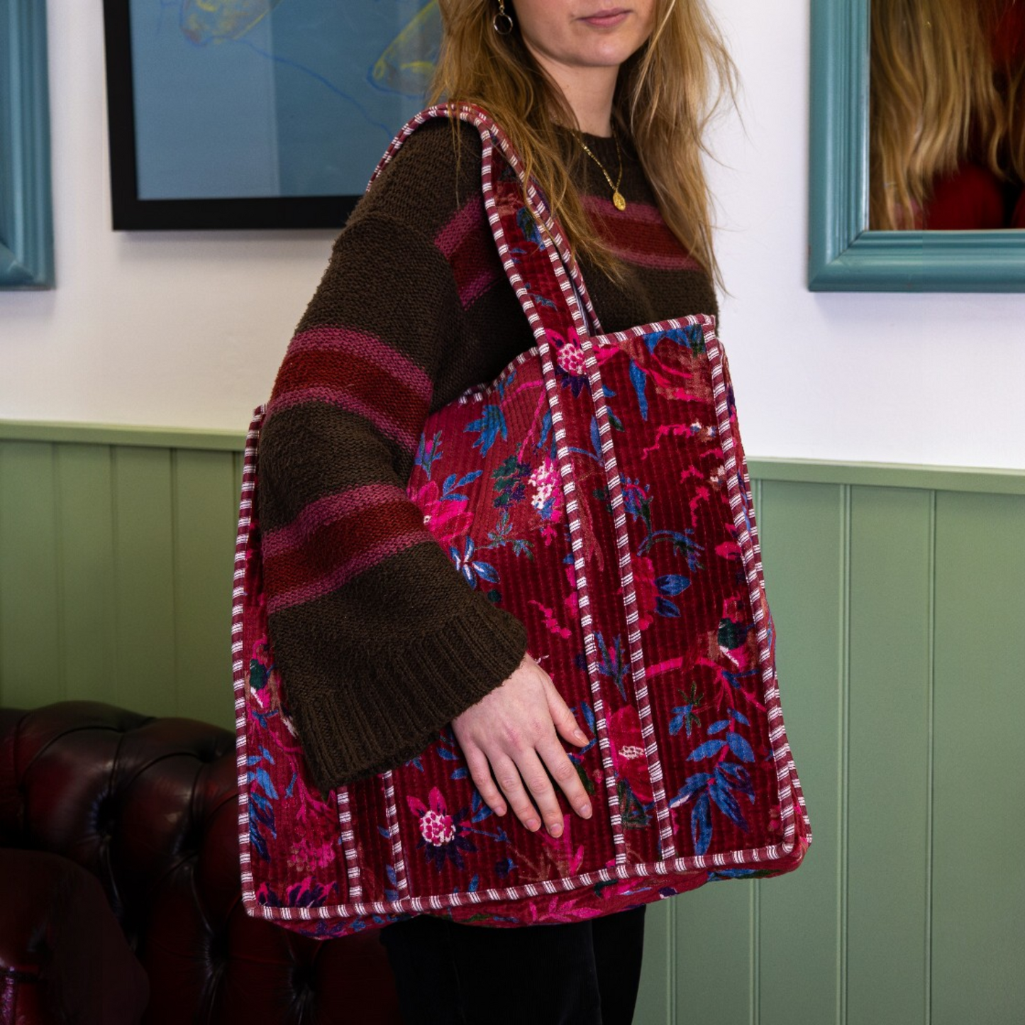 Large Priya Red Velvet Boho Kantha Bag
