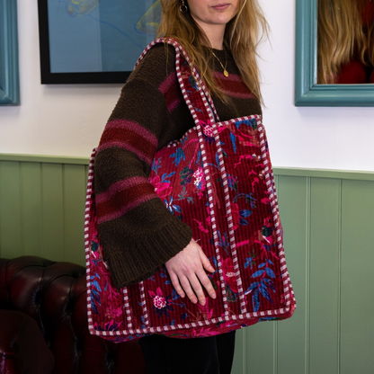Large Priya Red Velvet Boho Kantha Bag
