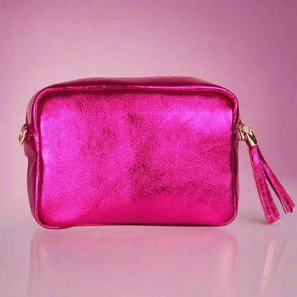 Raspberry Metallic Leather Crossbody Bag
