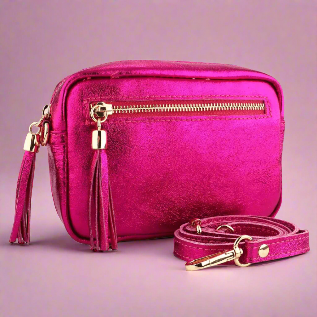 Raspberry Metallic Leather Crossbody Bag