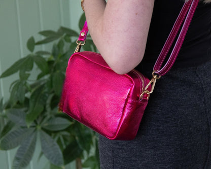 Zara Raspberry Metallic Leather Crossbody Bag