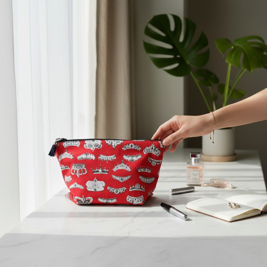 Red Crowns everyday pouch with a navy tassel on a white marble table, a hand touching the top, with a monstera plant, perfume bottle and notebook beside it