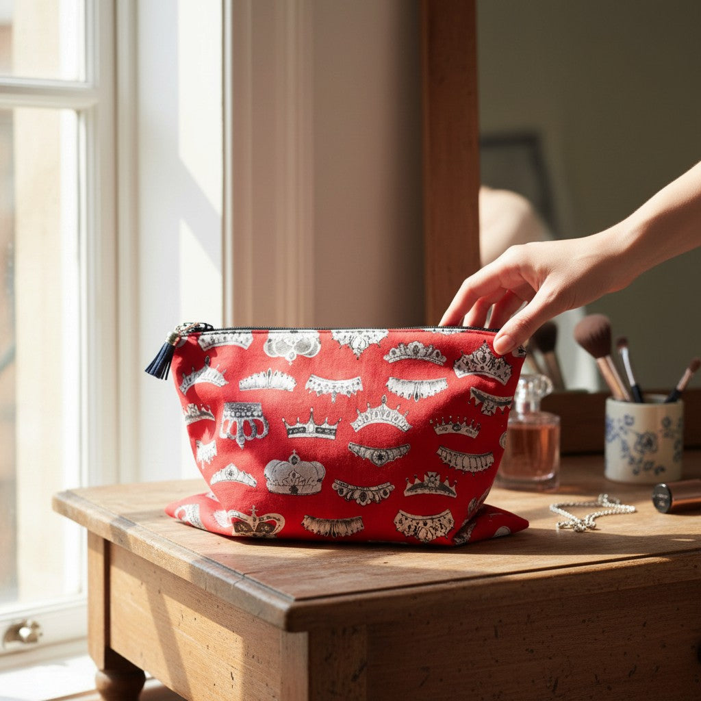 Red Crowns everyday pouch with a navy tassel on a wooden table in the sunshine, a hand touching the top, with make-up brushes and a perfume bottle beside it