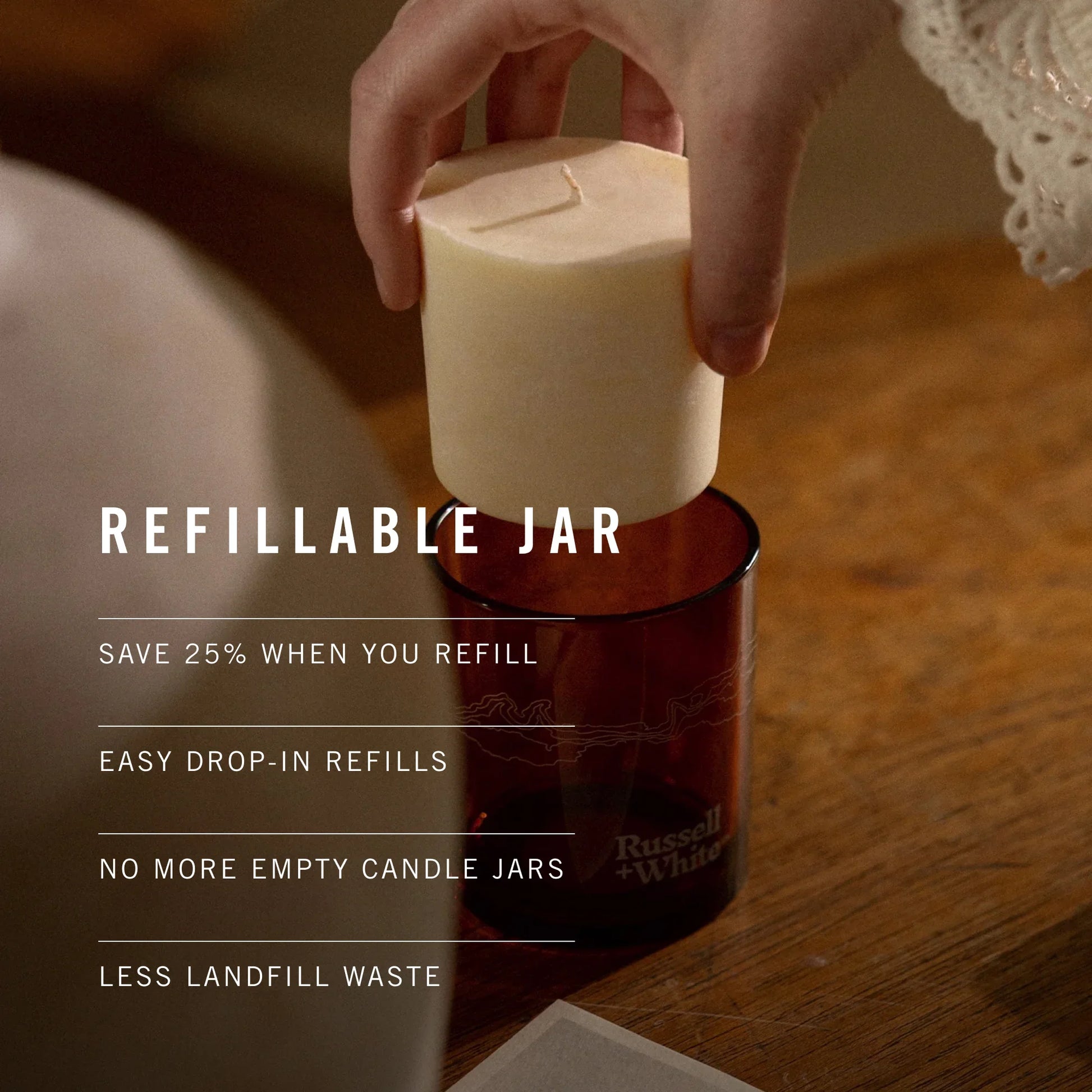 Hand holding a candle over a refillable jar with text about savings and sustainability.