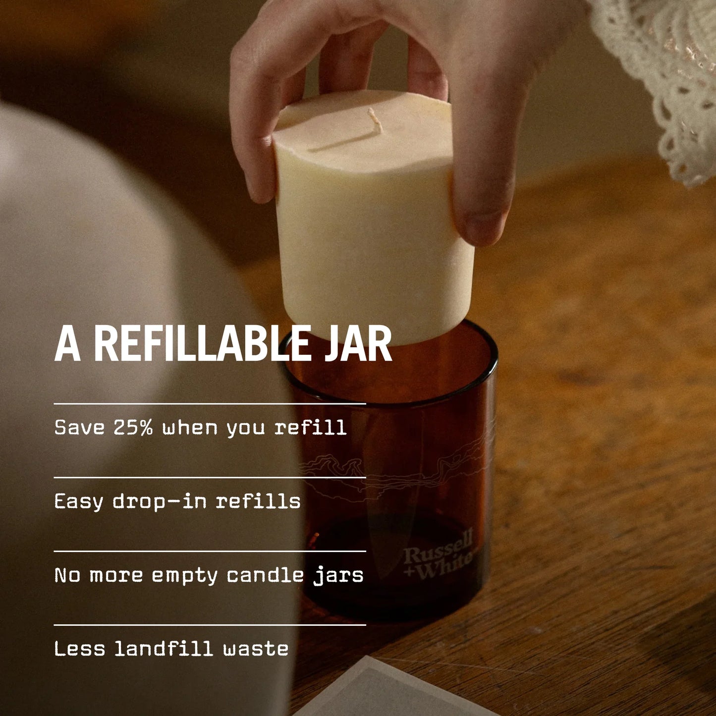 Hand holding a candle over a refillable jar with text about savings and environmental benefits.