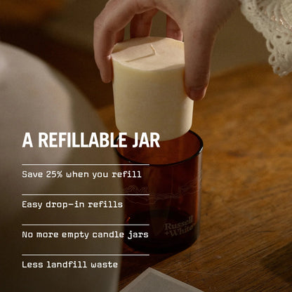 Hand holding a candle over a refillable jar with text about savings and environmental benefits.