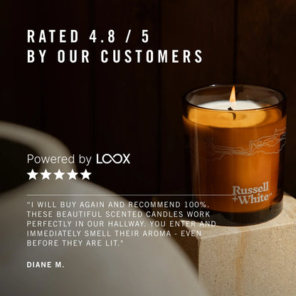 Scented candle with a rating and customer review on a dark background