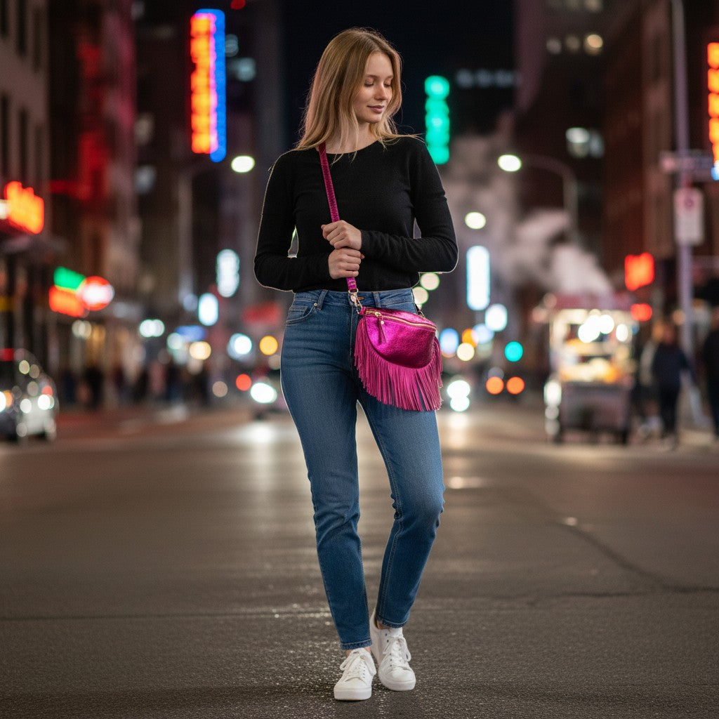 Romy Raspberry Metallic Leather Half Moon Fringed Bag