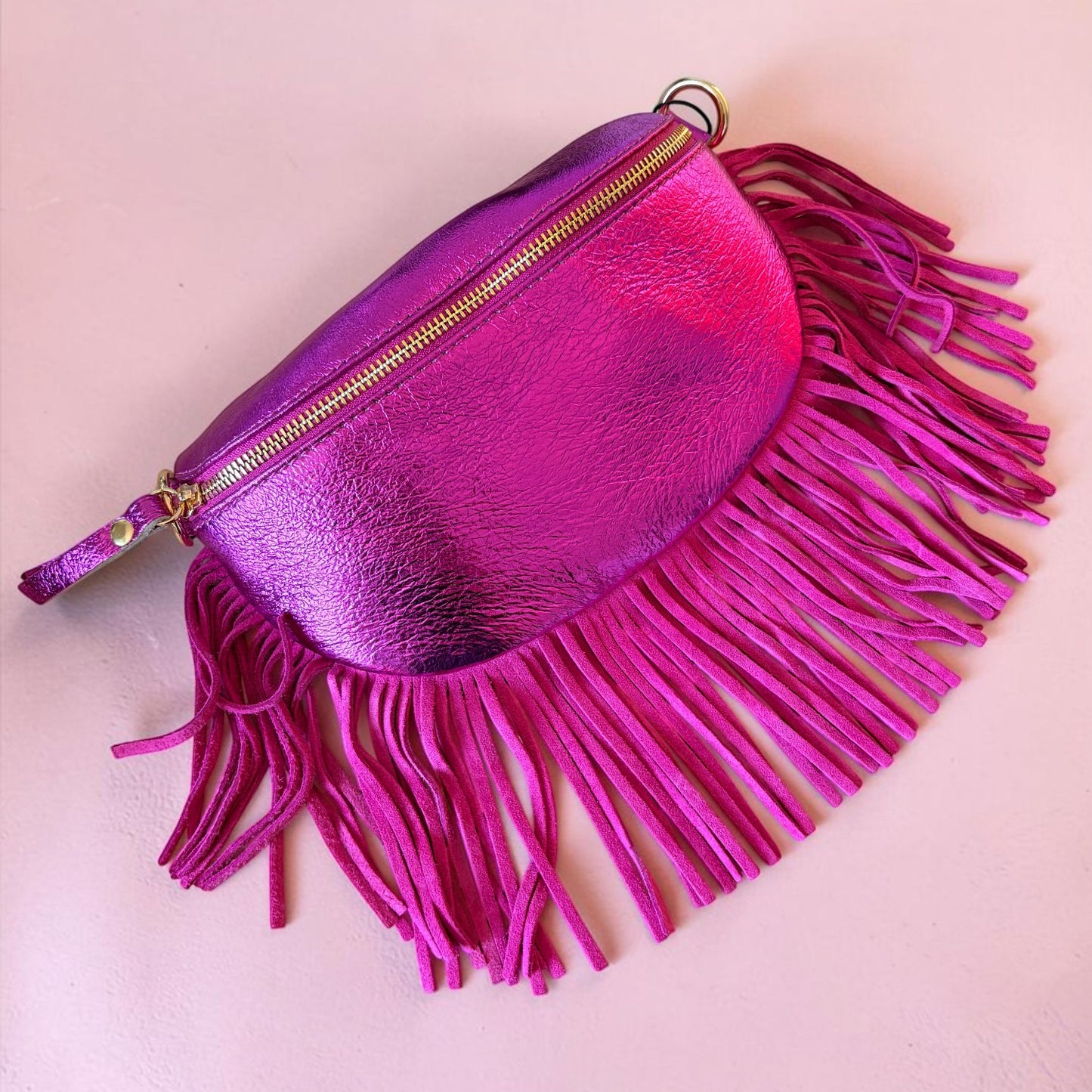 Romy Raspberry Metallic Leather Half Moon Fringed Bag