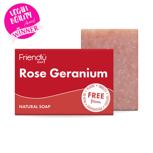 Rose Geranium soap bar with packaging on a white background, featuring 'Friendly Soap' branding.