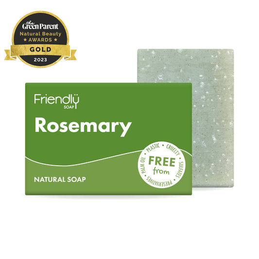 Friendly Soap Rosemary bar with packaging and Green Parent Gold Award badge on a white background