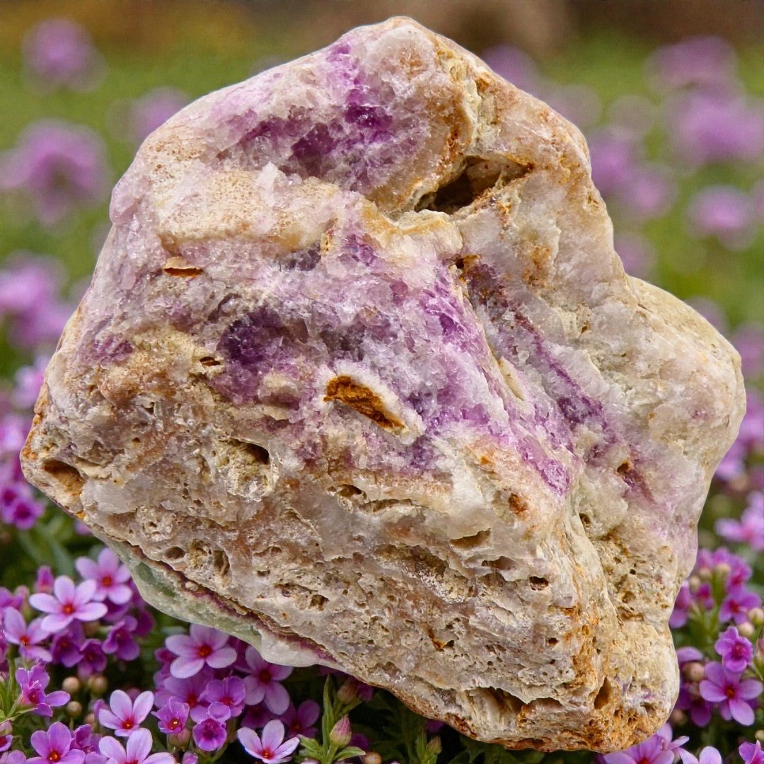 Close-up of a rock with purple crystals surrounded by pink flowers