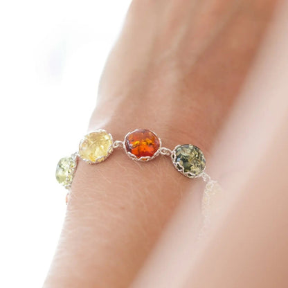 Multicolored gemstone bracelet on a wrist against a white background