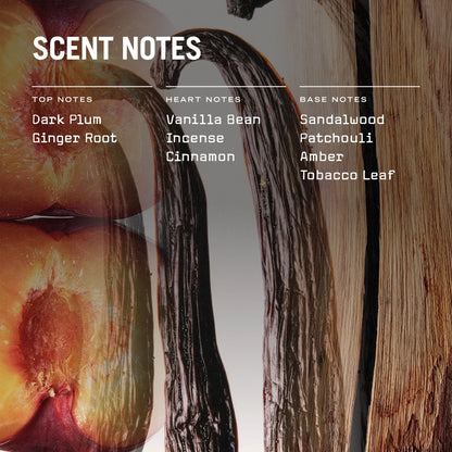 Scent notes of dark plum, ginger root, vanilla bean, cinnamon, sandalwood, patchouli, amber, and tobacco leaf with a vanilla bean and wood background.