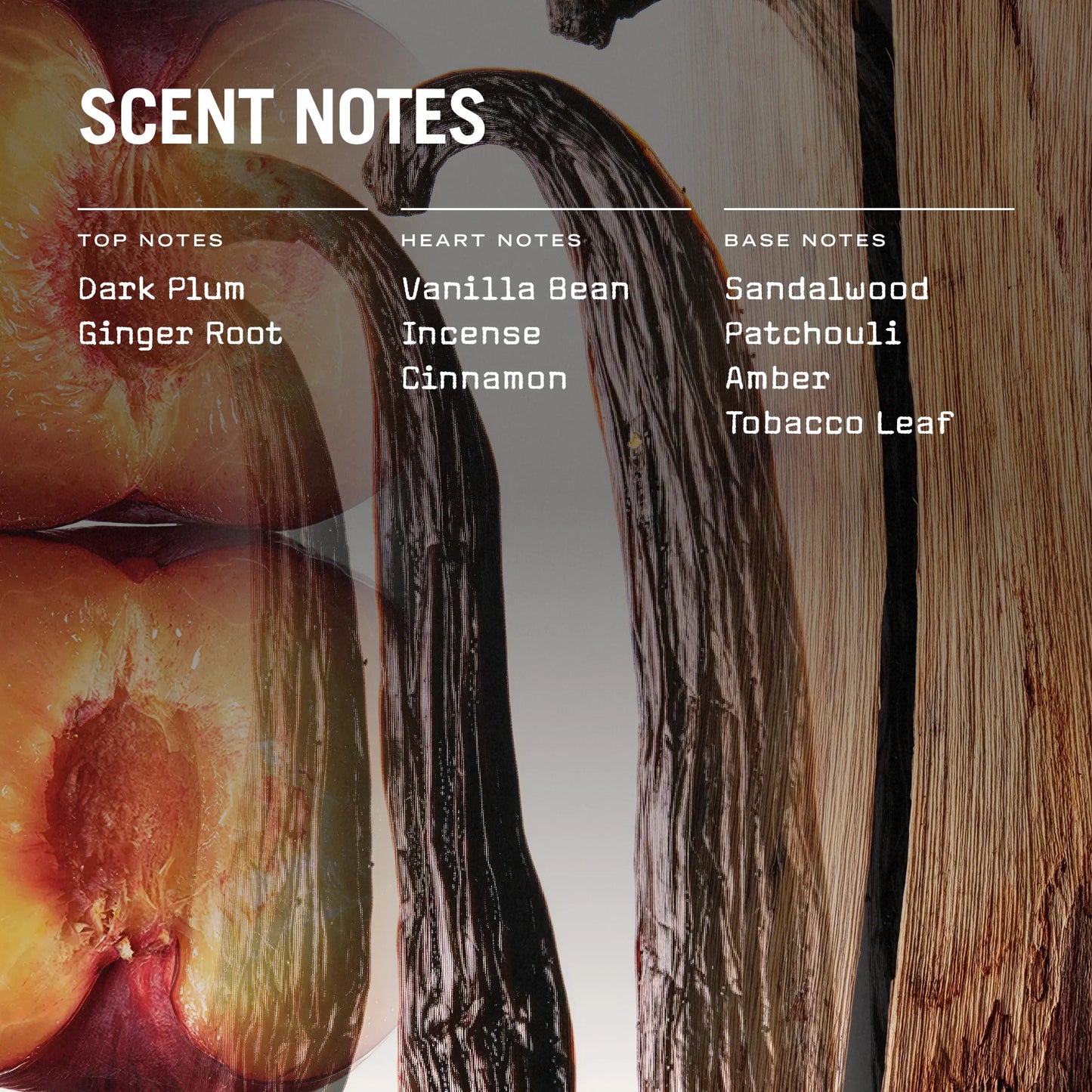 Scent notes of dark plum, ginger root, vanilla bean, cinnamon, sandalwood, patchouli, amber, and tobacco leaf with a vanilla bean and wood background.