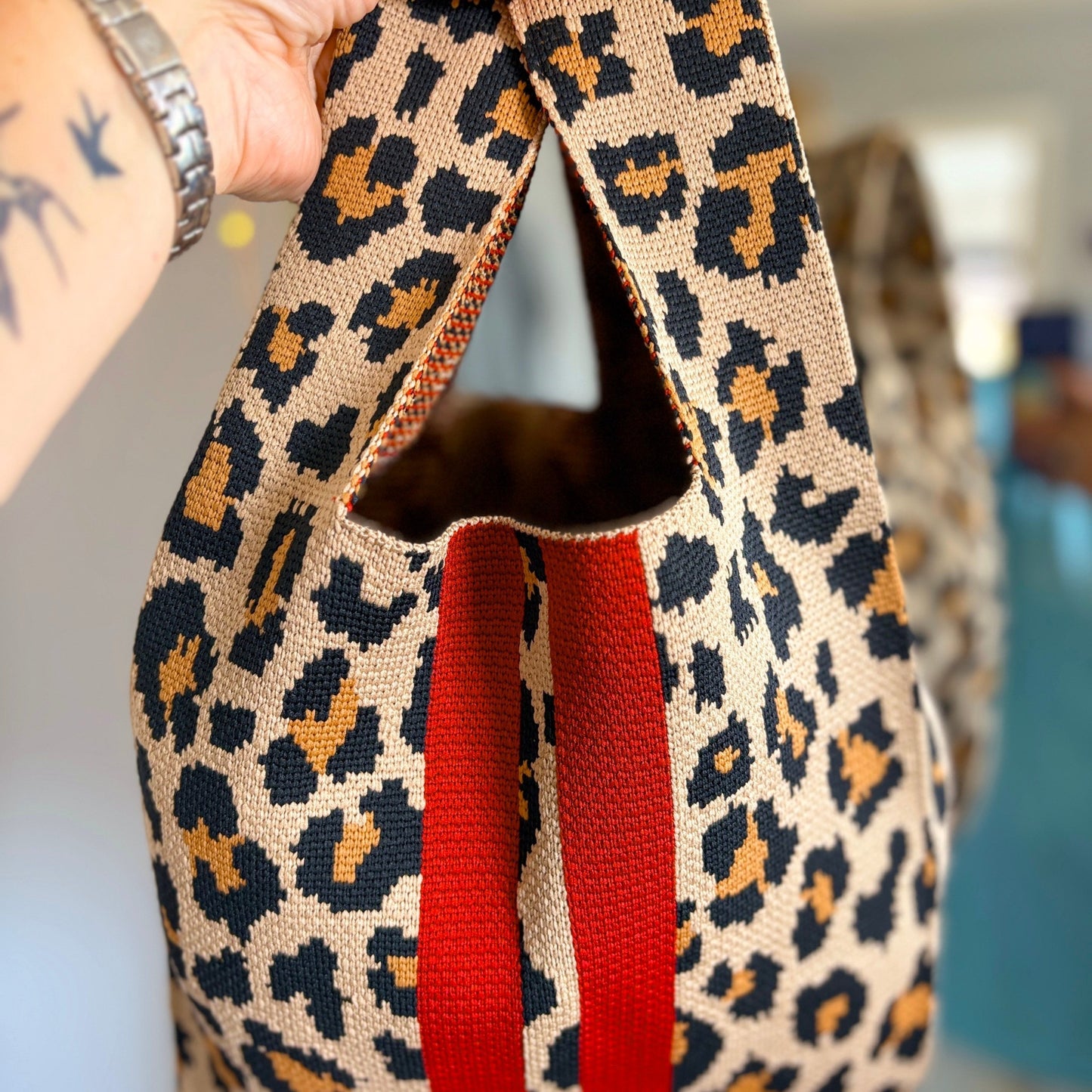Scarlet Stripe Leopard Stretchy Knitted Tote