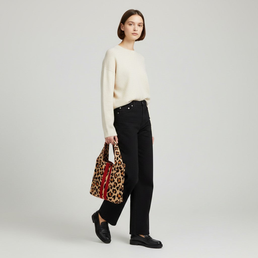 Scarlet Stripe Leopard Stretchy Knitted Tote