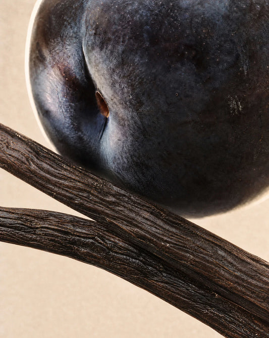 Plum and vanilla beans on a beige background