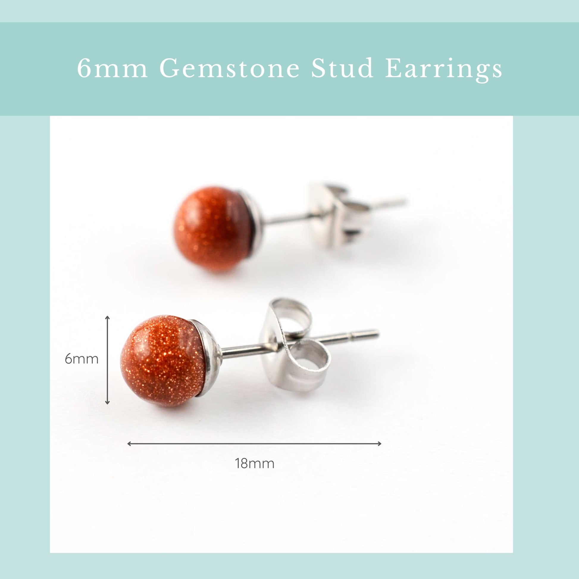 6mm Gemstone Stud Earrings with measurements on a light blue background