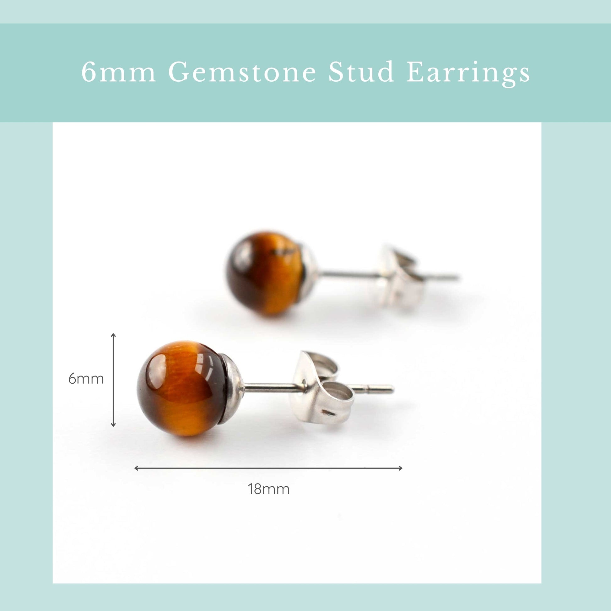 6mm Gemstone Stud Earrings with measurements on a light blue background