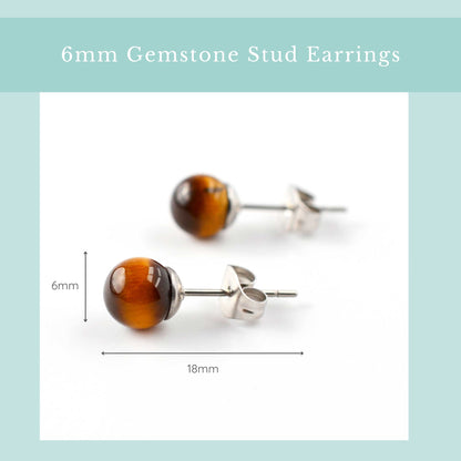 6mm Gemstone Stud Earrings with measurements on a light blue background