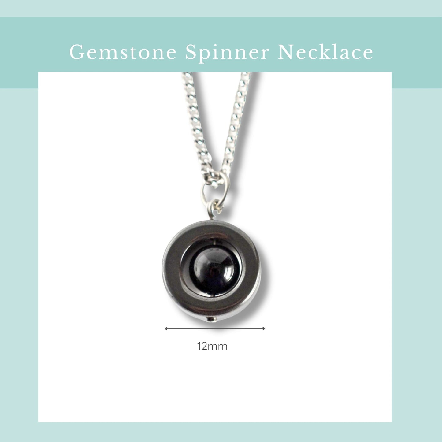 Gemstone spinner necklace with a black gemstone on a white background