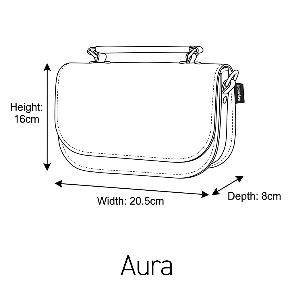 Measurement chart of a handbag labeled 'Aura' with dimensions indicated.