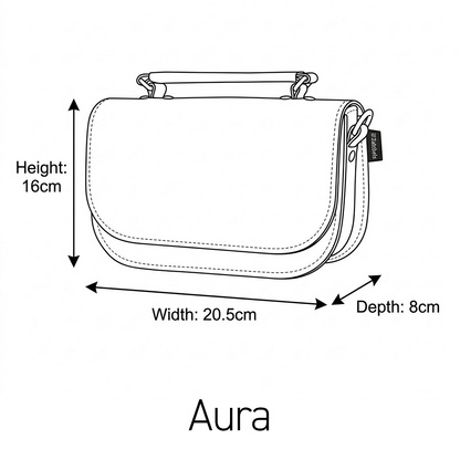 Measurement chart of a handbag labeled 'Aura' with dimensions indicated.