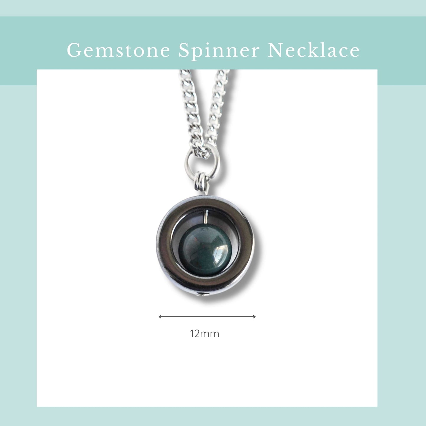 Gemstone spinner necklace with a blue gemstone on a light blue background