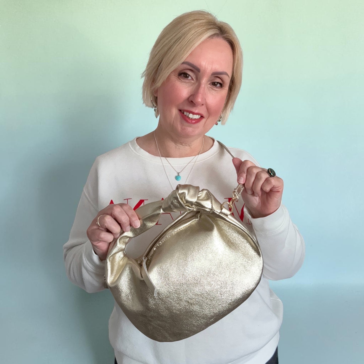 Stella Gold Metallic Italian Leather Knot Handle Hobo Bag
