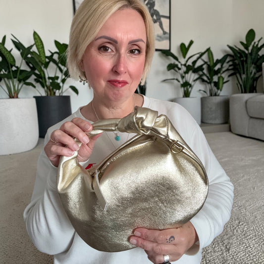 Stella Gold Metallic Italian Leather Knot Handle Hobo Bag