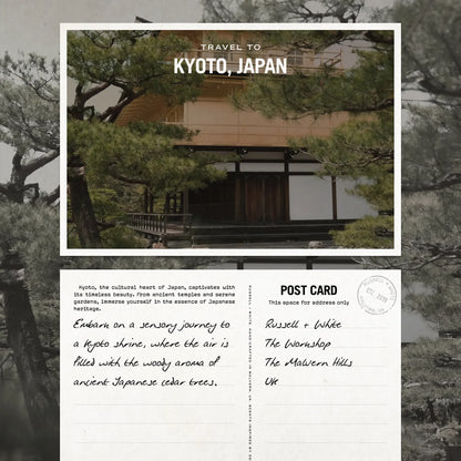 Promotional postcard for travel to Kyoto, Japan with a traditional Japanese house and trees.