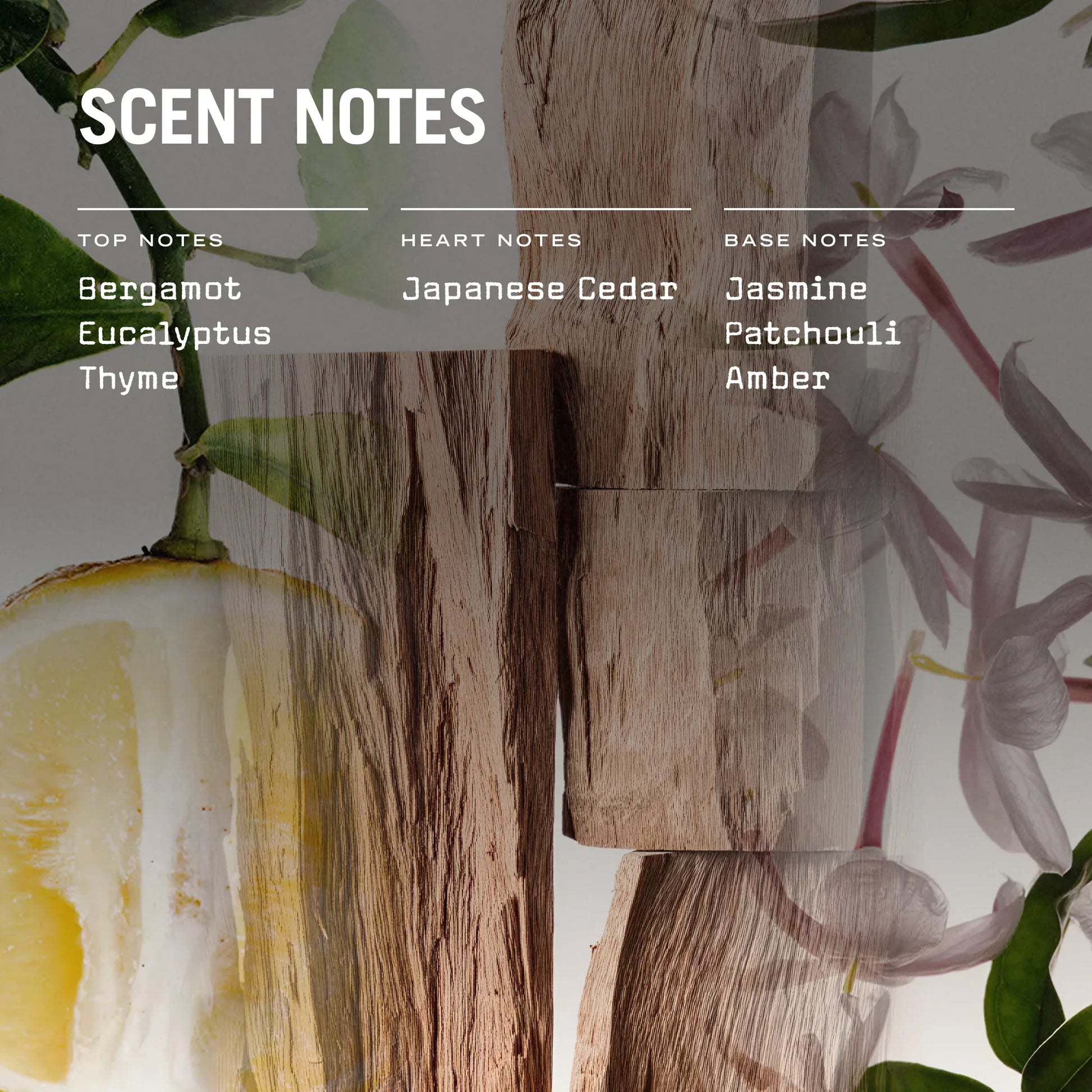 Wooden block with scented notes labeled and floral elements in the background