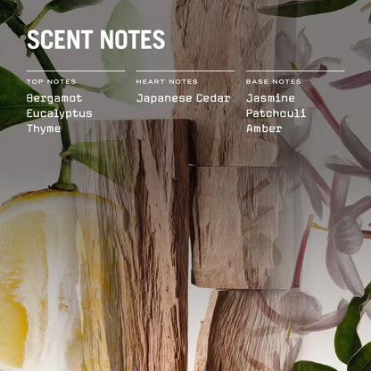 Wooden block with scented notes labeled and floral elements in the background