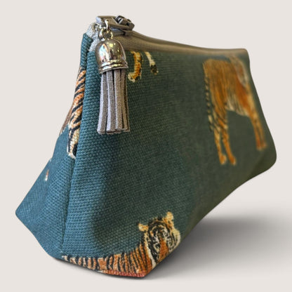 Tiger Tiger pencil case with a grey zip and grey suede tassel, angled view