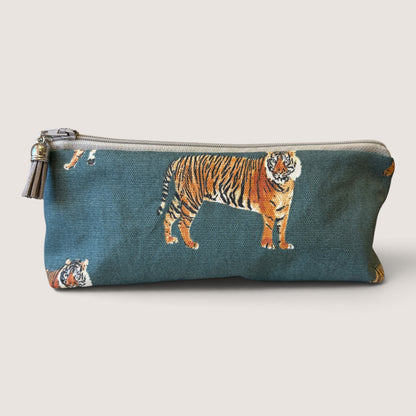 Front of the Tiger Tiger pencil case showing a tiger in a print on deep teal, with a grey zip and grey tassel