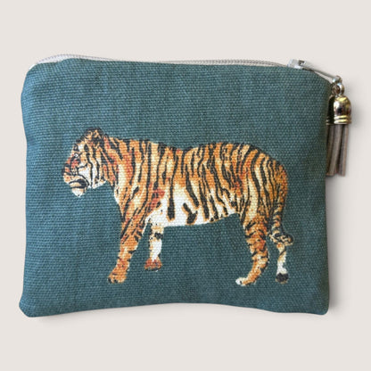 Back of the Tiger Tiger purse showing the tiger facing left on deep teal, with an orange zip and dark green suede tassel