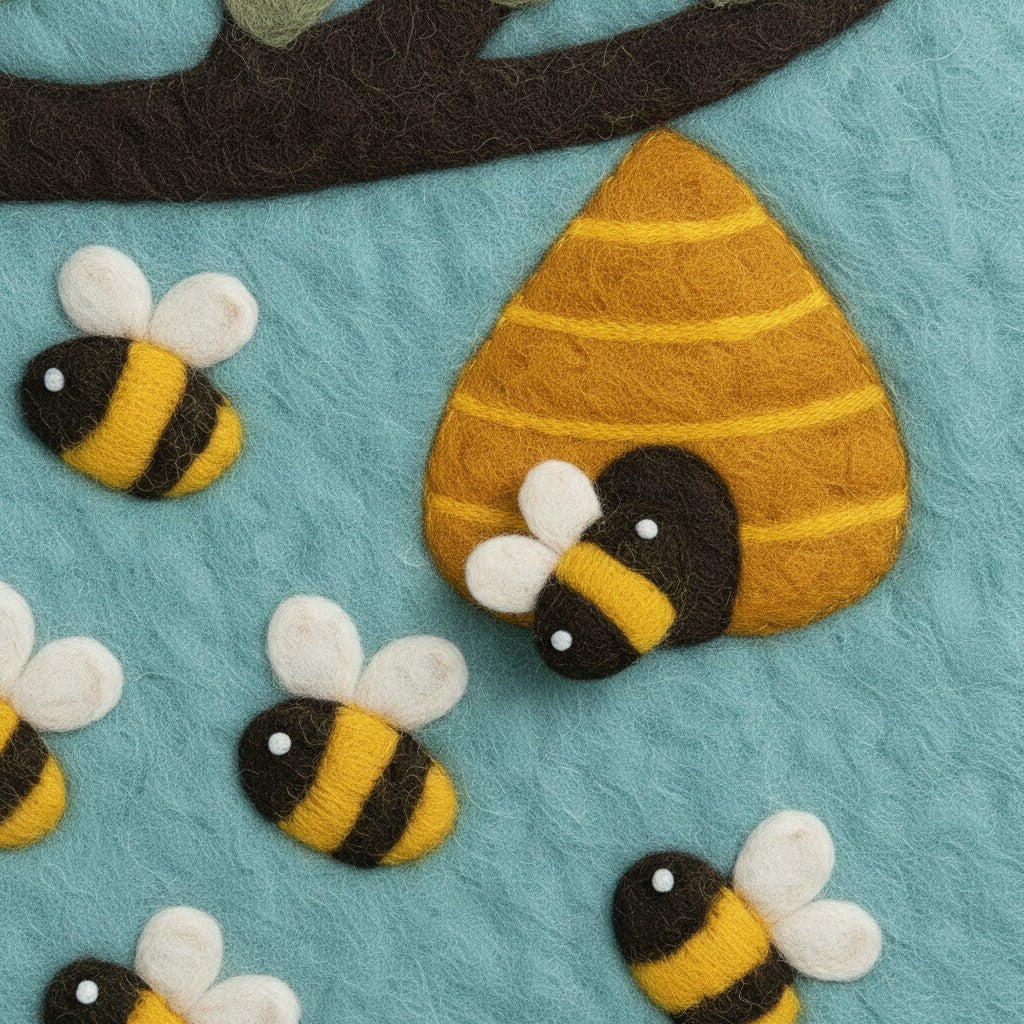 Close-up of felted wool beehive and bees on a teal felt background, with a bee peeping out of the hive entrance