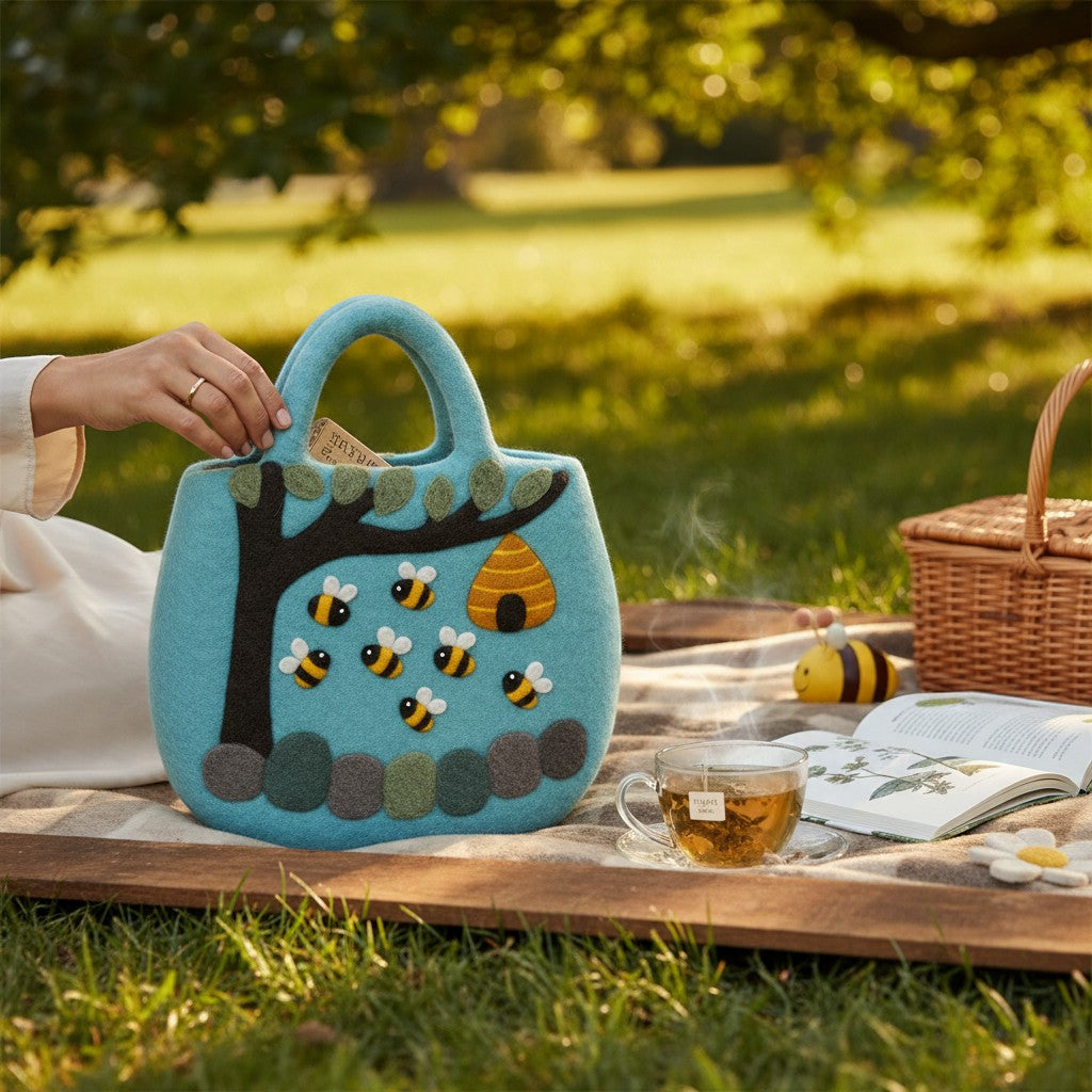 Tree and Beehive Felted Bag on a picnic rug beside a cup of tea, a book and a wicker basket