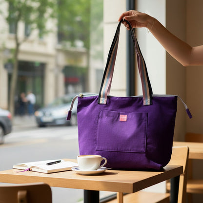 Twilight Bloom purple shoulder tote on a wooden cafe table with a hand holding the straps up, beside a cup of coffee and a notebook