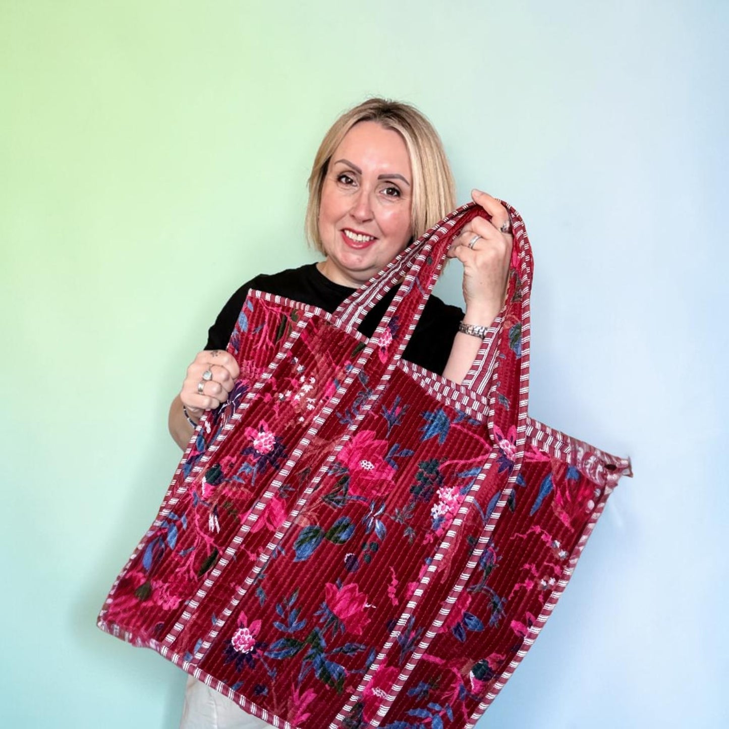 Large Priya Red Velvet Boho Kantha Bag